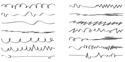Black hand drawn underline calligraphy set. Modern simple dark lines. Isolated dark line set. Dark curved underline icon set on white page. Isolated dark lines. 