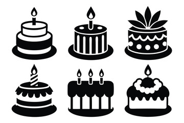 Black Silhouette Vector Set Featuring Six Unique Birthday Cakes with Candles Lit