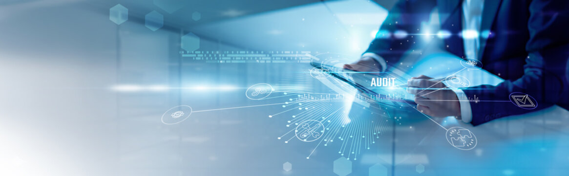 Businessman analysis audit reports and financial compliance, internal controls, risk mitigation, transaction monitoring, regulatory frameworks, data accuracy