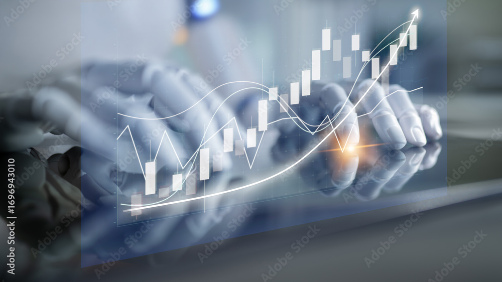 Poster close-up view of hands analyzing financial data represented by graphs and charts, highlighting growt