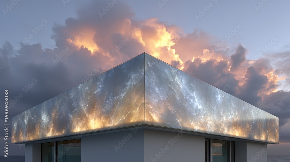 Poster a modern building reflecting the vibrant colors of the sunset sky. the structure's unique design cre