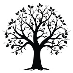 Stylized Black Silhouette of a Tree with Leaves and Fruit Illustration Graphic