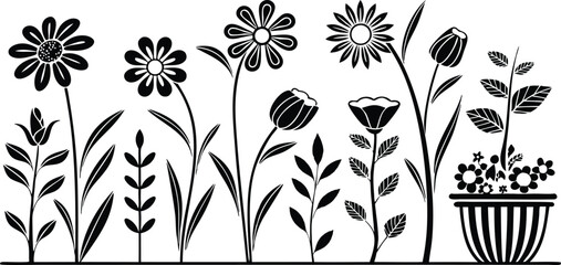 Black flower vector set feature abstract floral design silhouettes, and geometric patterns. Ideal for decoration, logos, and design projects. Includes minimalist botanical elements for creative illust