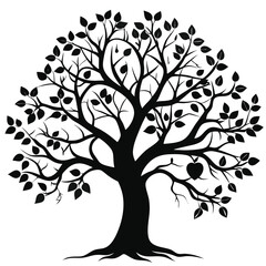 Obraz premium Black Silhouette of a Tree with Leaves and Apple Vector Graphic Isolated Art