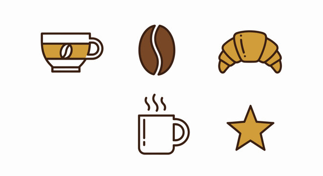Coffee shop icons A collection of minimalist illustrations featuring coffee, croissant, and related elements