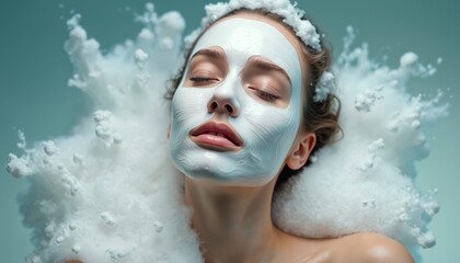 Woman with closed eyes wears white face mask, surrounded by soft white foam. Ethereal and dreamy quality emphasizes skin care, spa treatments, and relaxation. Glowing healthy skin is highlighted.