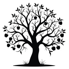 Obraz premium Silhouette of a Tree with Apples, Leaves, and Grass Clumps Artistically Illustrated