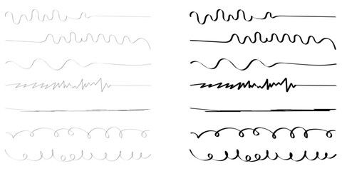 Black hand drawn underline calligraphy set. Modern simple dark lines. Isolated dark line set. Dark curved underline icon set on white page. 