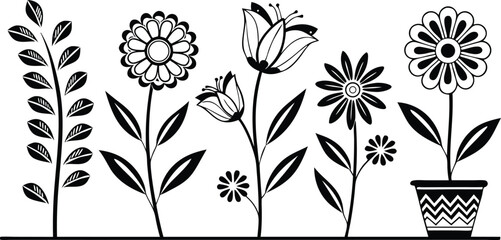 Black flower vector set feature abstract floral design silhouettes, and geometric patterns. Ideal for decoration, logos, and design projects. Includes minimalist botanical elements for creative illust