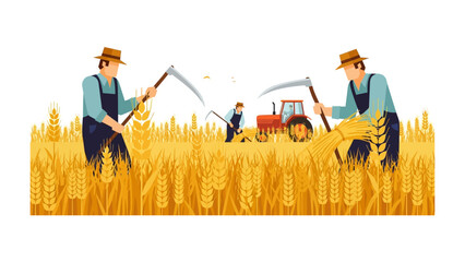 Harvest Scene: Farmers reaping golden wheat fields with scythes and a tractor, embodying labor, tradition, and the bounty of agriculture.