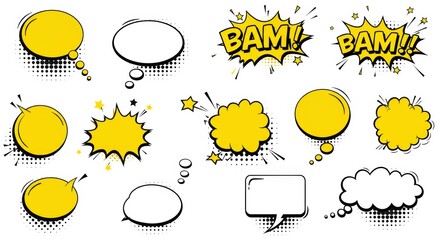 Yellow Comic Speech Bubble Set with Blank Text Balloons, Starburst Explosions, Jagged Burst Shapes and Thought Cloud Icons for Pop Art Chat Design, Announcement Banner or Marketing Poster Vector