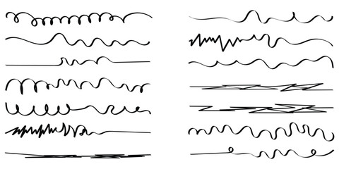 Black hand drawn underline calligraphy set. Modern simple dark lines. Isolated dark line set. Dark curved underline icon set on white page. 