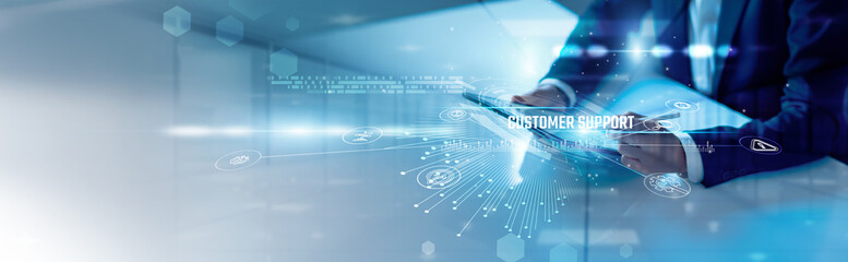 Businessman analysis customer support solutions and service quality, helpdesk automation tools,...