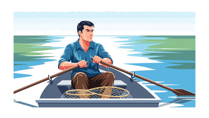 Serene Rowing in Lake: A focused rower navigates a tranquil lake with a traditional boat. Experience the peace of the water as the rower glides across the serene lake.  © mahmuda428