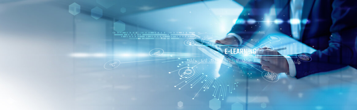 Businessman analysis e-learning platforms and digital education, virtual classrooms, online training, interactive content, knowledge sharing, student engagement