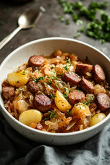 Fototapeta premium Hearty dish featuring sliced sausage, potatoes, and cabbage garnished with fresh herbs, showcasing a warm and inviting meal perfect for comfort food lovers