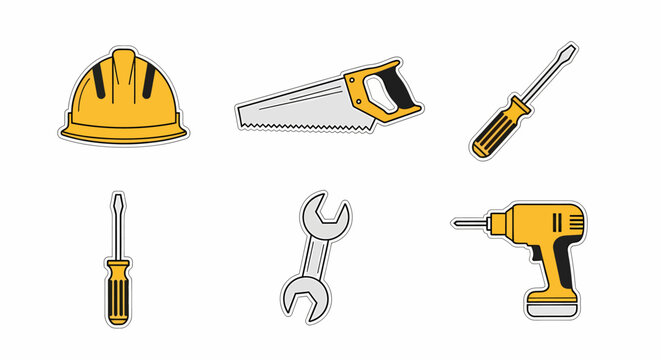 Vector icon set of essential construction and DIY tools hard hat, hand saw, screwdrivers, wrench, and a power drill. Minimalist graphics isolated on a white background
