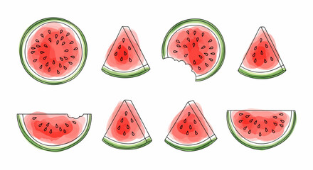 Naklejka premium A collection of eight vibrant watermelon slices in a minimalist line art style, with fresh red and green watercolor washes. Refreshing fruit illustrations isolated on white