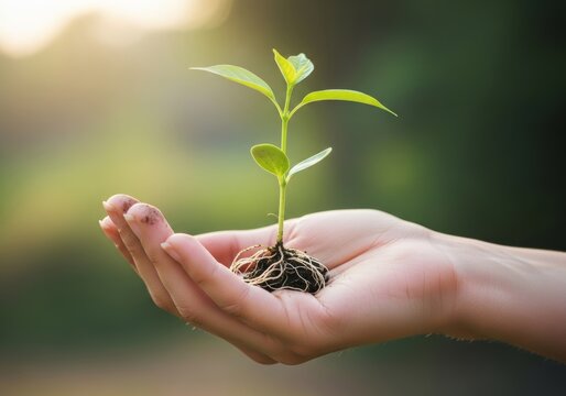 hands holding young green plant with soil and roots. image symbolizes new life, growth, environmental conservation. concept of Earth Day, sustainability, gardening, agriculture,
