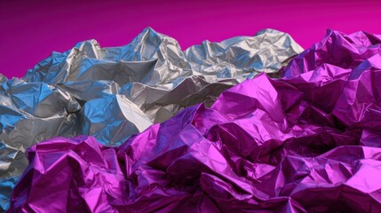 Fototapeta premium Abstract landscape with metallic crumpled papers in a gradient color scheme, purple and blue and metallic tones, artistic paper texture