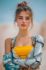 Fashion portrait of young woman with bright blue eyes, loose messy bun hairstyle, wearing yellow top with patterned jacket and metal shoulder armor, outdoor bohemian style photography