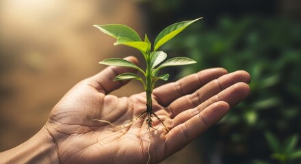 hands holding young green plant with soil and roots. image symbolizes new life, growth, environmental conservation. concept of Earth Day, sustainability, gardening, agriculture,