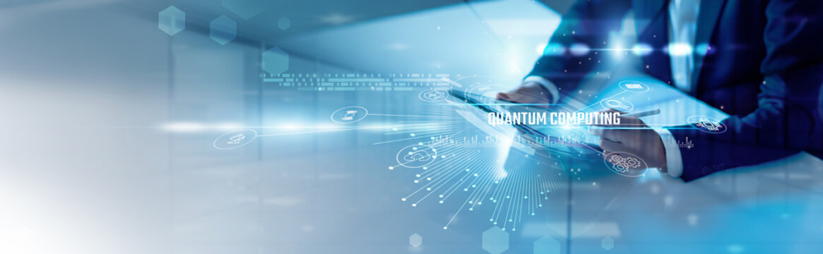 Businessman analysis quantum computing and superposition, qubits, algorithm optimization, cryptography, high-performance computing, AI acceleration, futuristic technology