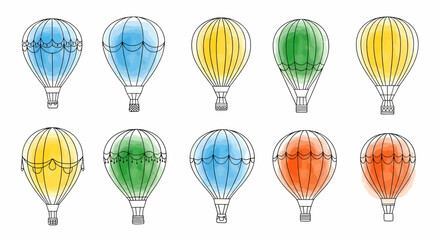 Obraz premium Ten hot air balloon illustrations, featuring minimalist line art with vibrant watercolor washes. Isolated on white, these charming designs are perfect for themes of travel, adventure, and dreams