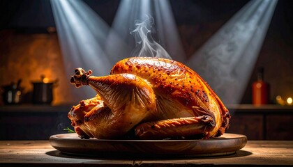 Close-up of a freshly baked Thanksgiving turkey on white plate with smoke rising, surrounded by colorful garnishes; cinematic shot capturing festive holiday feast, dramatic lighting and mouthwatering
