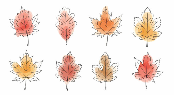 Eight Minimalist Leaf Designs with Watercolor Wash Oak, Maple, and Fig Leaves in Autumn Colors