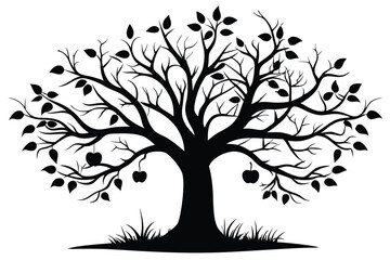 Obraz premium Black Silhouette of Apple Tree with Fruit, Leaves and Grass Vector Illustration