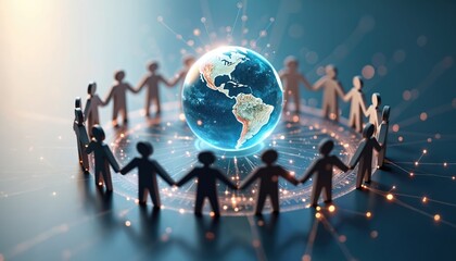 Digital Earth image shows global collaboration with connected figures economic, regional partnerships. Futuristic network design represents shared prosperity, international teamwork for conferences,