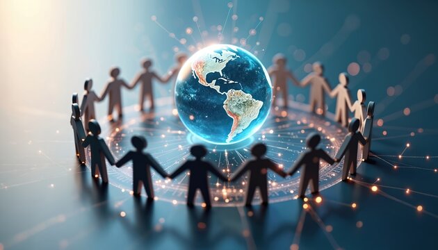 Digital Earth image shows global collaboration with connected figures economic, regional partnerships. Futuristic network design represents shared prosperity, international teamwork for conferences,