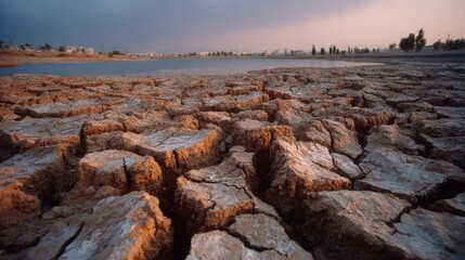 Cracked earth, dry land, and a water body, an evocative image of environmental issues. The ground is severely cracked due to lack of water