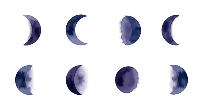 Watercolor moon phases set of eight. Celestial lunar cycle from new to full, in soft indigo and purple hues, isolated on white. Great for cosmic and spiritual designs