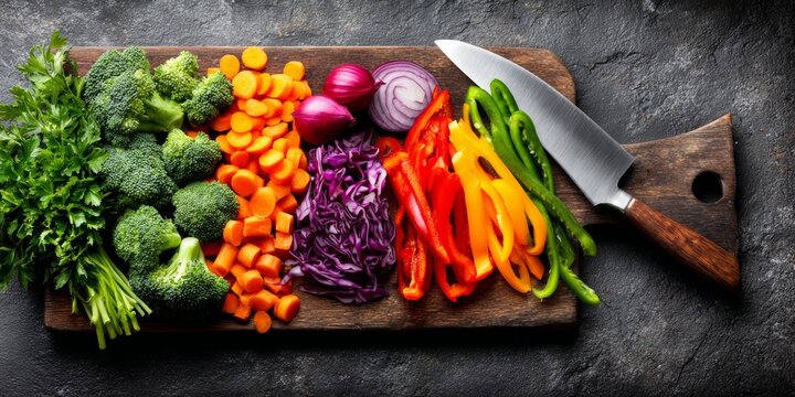 A vibrant flat lay of various freshly chopped vegetables like broccoli, carrots, peppers, and red cabbage on a rustic cutting board.