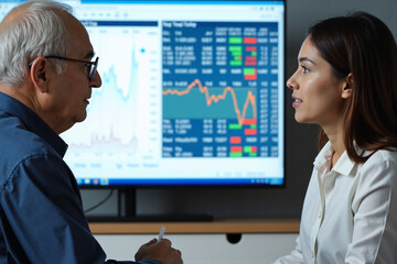 Two professional financial analysts a senior mentor and a young colleague discussing stock market data and investment strategy in a modern office