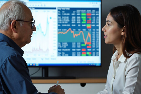 Two professional financial analysts a senior mentor and a young colleague discussing stock market data and investment strategy in a modern office