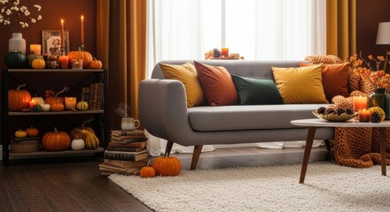 Cozy Autumnal Interior with Pumpkins, Candles, and Warm Tones