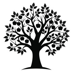 Obraz premium Silhouette of Apple Tree with Leaves and Fruit | Orchard Illustration | Black