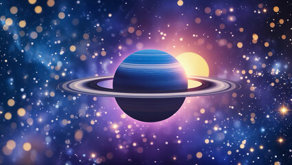 Universe Background Vector – Abstract Blue Planet Saturn with Ring, Glowing Sun, Starry Sky, and Outer Space Scientific Presentation Backdrop