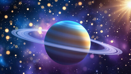 Universe Background Vector – Abstract Blue Planet Saturn with Ring, Glowing Sun, Starry Sky, and Outer Space Scientific Presentation Backdrop