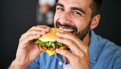 Enthusiastic man savors a juicy, delicious burger with a wide smile