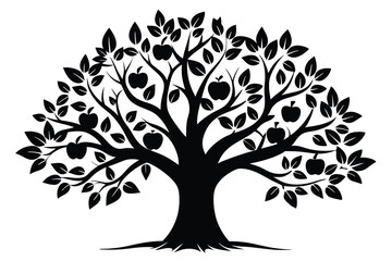 Black Silhouette of a Tree with Apples and Leaves, Branching Structure Displayed