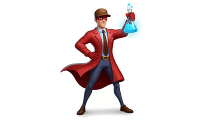 Confident cartoon science agent in red trench coat and fedora holding a glowing chemical beaker, symbolizing research, innovation, and discovery, 3D animated illustration on white background