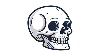 A simple cartoon style skull with black outlines and white fill on a white background illustration
