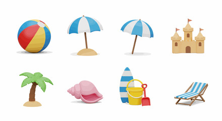 A collection of eight delightful 3D beach-themed icons, perfect for summer and vacation designs