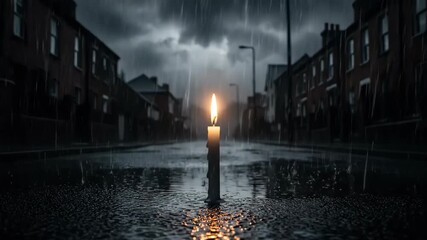 Candle Illuminates Wet Street During Stormy Night with Rain and Dark Clouds - Powered by Adobe