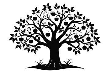 Fototapeta premium Apple Tree Silhouette Black and White Illustration of Tree with Apples and Leaves