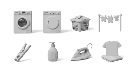 A minimalist collection of eight essential laundry care icons presented in a clean 3D style, isolated on a white background